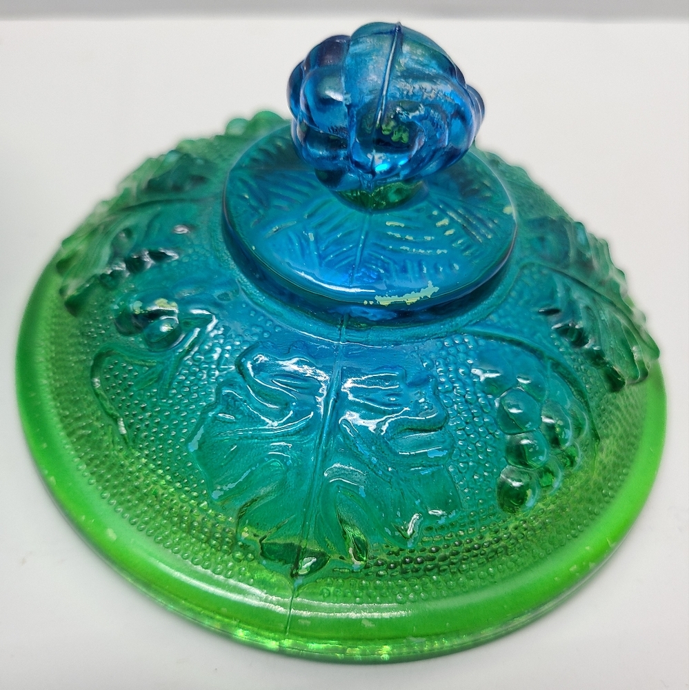 Vintage Jeanette blue/green footed grape leaf glass candy dish w/ lid Capote - Picture 3 of 16